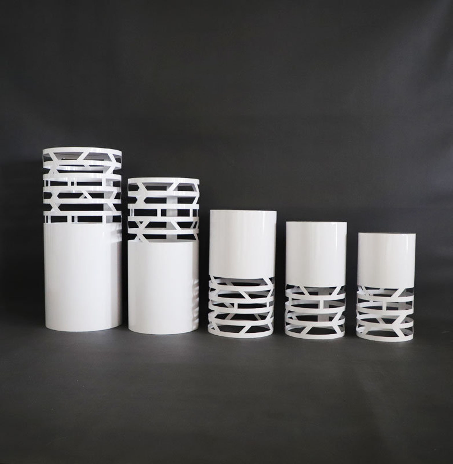 Carved Round White Metal Cylinders Pedestal Display Flower Etsy