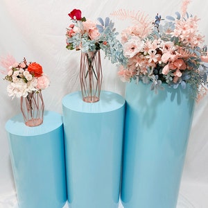 3pcs/set Large Round Glossy Blue Metal Cylinders Pedestal Display Flower Wedding Props Background Party Birthday Decoration Home Celebration