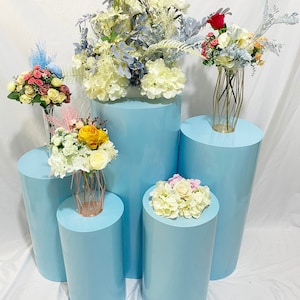 5pcs/set Large Round Glossy Blue Metal Cylinders Pedestal Display Flower Wedding Props Background Party Birthday Decoration Home Celebration