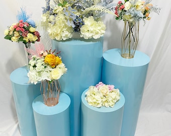 Blue Cylinder Pedestal Display Set: Wedding Party Decor, 5 Piece