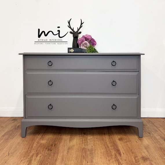 SOLD Commissions Available Refurbished Vintage Stag Minstrel Chest of Drawers - Mid Grey - Matt Black