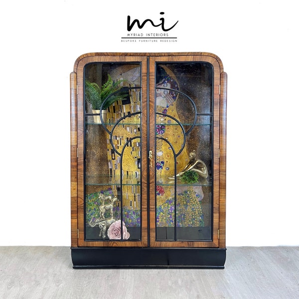 SOLD commissions available Art deco display cabinet, Gustav Klimt The Kiss, vintage sideboard, glass cocktail cabinet, drinks cabinet,