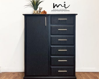 SOLD commissions available Refurbished vintage stag minstrel wardrobe, dresser, drawers, upcycled, black, gold, decoupage