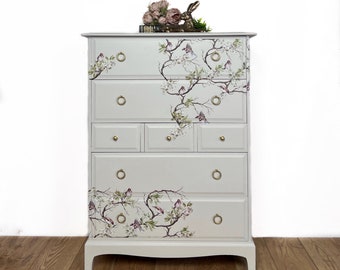 SOLD Commission available Vintage Stag Minstrel 7 drawer tallboy chest of drawers in a cream with blossom flight , dresser, neutral, beige