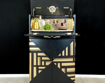 SOLD -commissions available - Vintage Art Deco Cocktail Drinks Cabinet - Black and Gold