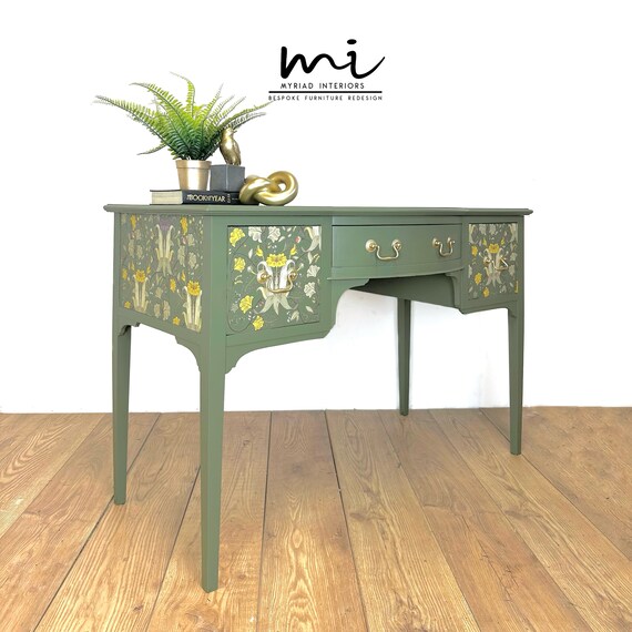 SOLD Commissions Available Vintage Olive Green Desk With Botanical Design, Dressing  Table, Sideboard, Refurbished, Statement, Floral Upcycle - Etsy