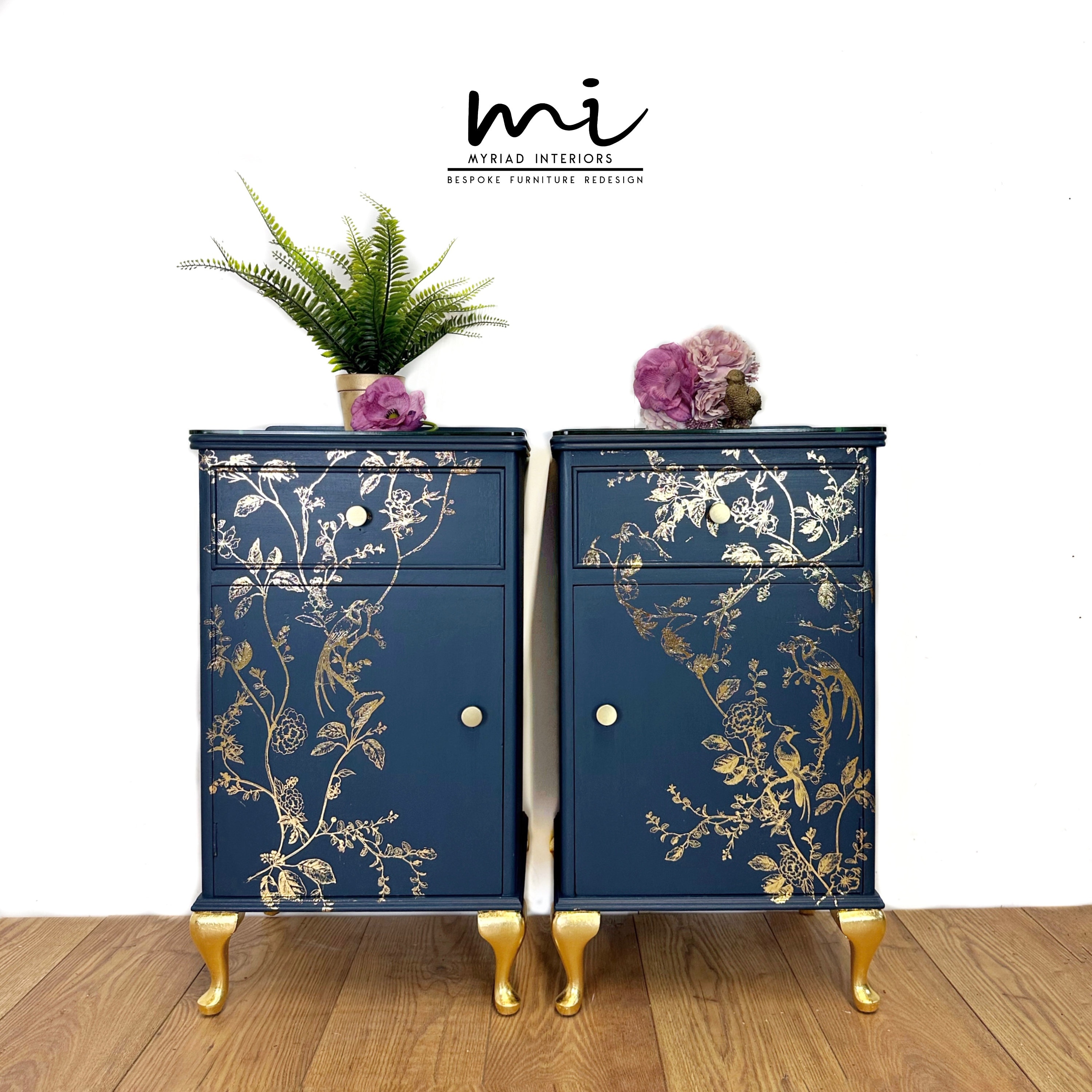 SOLD Commissions Available Pretty Refurbished Vintage Bedside Tables Navy Blue With Gold Foil Design Bird Song Art Deco Nightstands Etsy