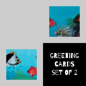 Vis wenskaart Set, 125mm, vierkant, blank, kleurrijk, serene, oceaan, zee, onderwater, rif, vlinder, grootoog en schorpioen vissen