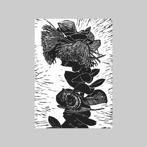 Eucalyptus III, Natif d’Australie, A6, Portrait, Carte de vœux, Toutes les occasions, Gras, Graphique, Noir et blanc, Impression de linogravure, Nature, Flore