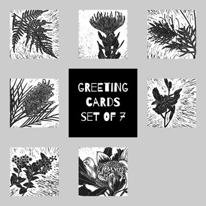 Ensemble de cartes de vœux australian native plants, carré, 125mm, blanc, toutes les occasions, impression de linogravure, flore, réaliste, nature, audacieux, noir, blanc