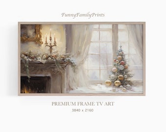 Samsung FRAME TV Art Winter, Vintage Christmas Snowy Room Painting, Vintage Christmas Wall Decor, Winter Holiday TV Art, Digital Download