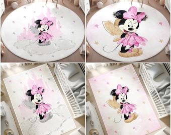 Minnie Mouse Rug,Sleeping Minnie Rug,Baby Girl Playroom Mat,Washable Round Nursery Rug,Non Slip Kids Rug,Mickey Mouse Rug,PILLOW CASE GIFT