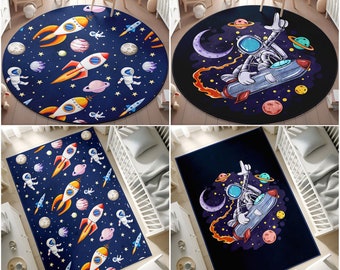 Space Themed Kid&#39;s Rug,Cute Astronauts Nursery Mat,Planets Children&#39;s Carpet,Navy Blue Children&#39;s Rug,Boy&#39;s Room Decor,PILLOW CASE GIFT