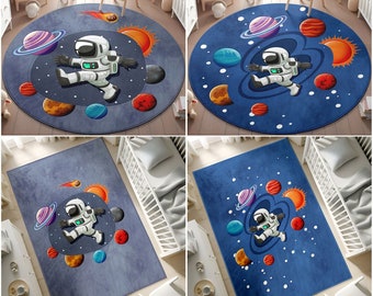 Tapis pour chambre d'enfant astronautes, tapis pour enfants explorateurs de l'espace, tapis pour enfants les plus vendus, tapis pour salle de jeux, tapis pour enfants faits main bleu marine, taie d'oreiller cadeau