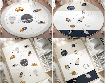 Galaxy Non Slip Toddler Rug,Planet Activity Rug,Children&#39;s Area Rug,Rocket  Themed Boys Rug,Washable Kids Rug,Baby Boy Rug,PILLOW CASE GIFT
