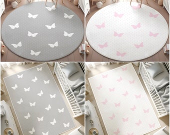 Butterfly Themed Carpet,Pink Butterfly Patterned Round Rug,Polka-Dot Children's Carpet,Non-Slip Girl's Room Rug,Rectangle, PILLOW CASE GIFT