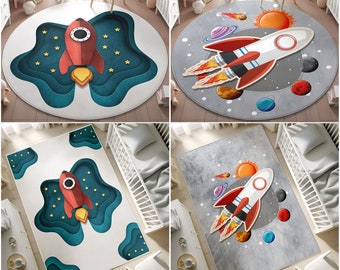 Ultra Soft Rocket Playmat for Kid Room,Space Toddler Round Rug Kids Rug,Baby Space Nursery Round Rug,Rocket Area Rugs,PILLOW CASE GIFT
