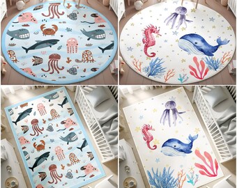 Ocean Whale Ultra Soft Kids Rug,Sea World Whale Themed Nonslip Area Rug,Marine Toddler Round Rug,Kids Rug, Rectangular Rug,Baby Shower Gift