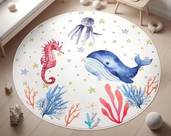 Marine Themed Carpet,Underwater Realm Rug,Blue Chidren&#39;s Rugs,Non-Slip Kid&#39;s Carpet,Bestselling Play Mat,Washable Nursery ,PILLOW CASE GIFT