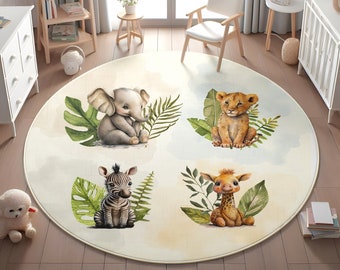 Tapis Safari pour enfants, tapis lavable pour enfants, tapis safari, lion, girafe, éléphant, tapis pour tout-petits, carpette, tapis antidérapant, rectangle, taie d'oreiller