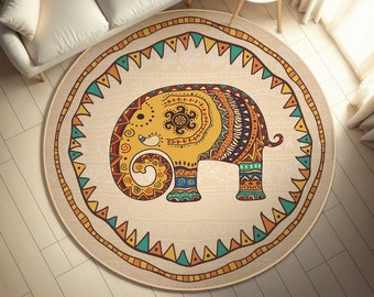 Tapis rond lavable à motif éléphant, tapis de cuisine antidérapant, carpette africaine, tapis de salon, décoration minimale de la maison, taie d'oreiller cadeau