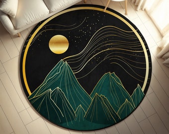 Tapis de salon rond montagne, tapis abstrait soleil, tapis de cuisine antidérapant, décoration minimale de la maison, tapis de salle à manger lavable, taie d'oreiller cadeau