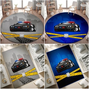 Polizeiautos Teppich Kinderzimmer, Kinderteppich Kinderteppich,Kinderteppich,waschbar Kinderteppich,Baby Jungen Spielzimmer Matte,Kissenbezug Geschenk