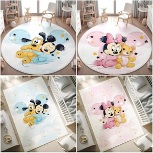 Tappeto Minnie Mouse con amico, tappeto Topolino con amico, tappeto per sala giochi per bambine, tappeto rotondo lavabile per la cameretta dei bambini, tappeto antiscivolo, federa per cuscino in regalo