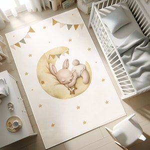 Schlafender Kaninchen-Themen-Kinderteppich, Kaninchen-Lesebuch Kinderteppich, Babyspielzimmer, waschbarer runder Kinderteppich, Kleinkindteppich, KISSENBEZUG GESCHENK