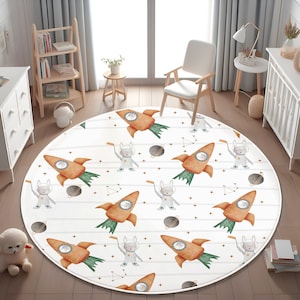 Ultra Soft Rabbit Astronaut Playmat for Kids Room,Rocket Patterned Baby Rug,Galaxy Non Slip Activity Rug,Round Space Rug,PILLOW CASE GIFT