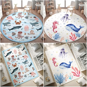 Ocean Whale Ultraweicher Kinderteppich, rutschfester Teppich mit Walfischmotiv, runder Teppich für Kinder, Babypartygeschenk, Babypartygeschenk