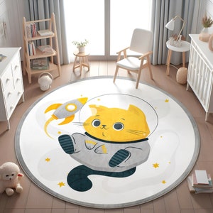 Katzenteppich, runder Teppich mit Astronauten-Katze, Rakete, Teppich, Kinderzimmer, Teppich nach Bestellung, Babyteppich, KISSEN, KISSEN
