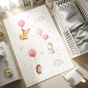 Fliegende Tiere Teppich mit rosa Luftballons, Hase und Luftballons rosa Kinderteppich, Kinderteppich Bodenmatte, waschbarer runder Kindergartenteppich, KISSENBEZUG GESCHENK