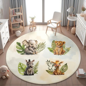 Tapis Safari pour enfants, tapis lavable pour enfants, tapis safari, lion, girafe, éléphant, tapis pour tout-petits, carpette, tapis antidérapant, rectangle, taie d'oreiller 1