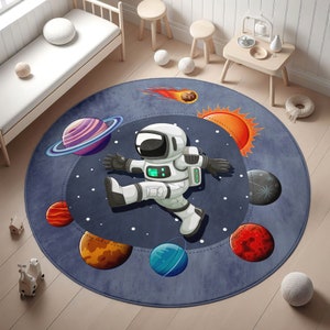 Astronauts Playmat for Kids Room Rug,Space Anti Slip Mat,Planets Digital Print Carpet,Handmade Boy Gift,Non-Slip Circle Rug,Pillow Case Gift