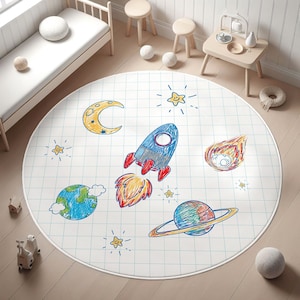 Rocket Playmat for Kids Room Rug,Birthday Gift,Nursery Rug,Washable Baby Rug,Galaxy Non Slip Activity Rug,Space Kids Rug,Pillow Case Gift