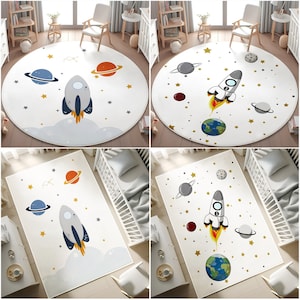Raketen-Themen Teppich Kinder,Planet Aktivität Teppich,Ultra Weicher Weltraum Krabbeldecke für Kinderzimmer,Galaxy Rutschfester Teppich,Babyteppich,KISSEN BEZUG GESCHENK