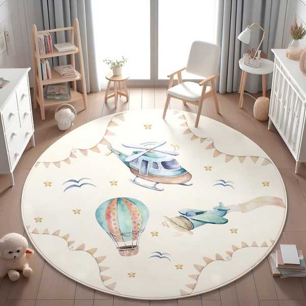 Tapis pour enfants à motifs d'avions, tapis pour enfants en montgolfières, cadeau pour bébé garçon, tapis d'activité antidérapant, tapis pour enfants lavables, taie d'oreiller en cadeau