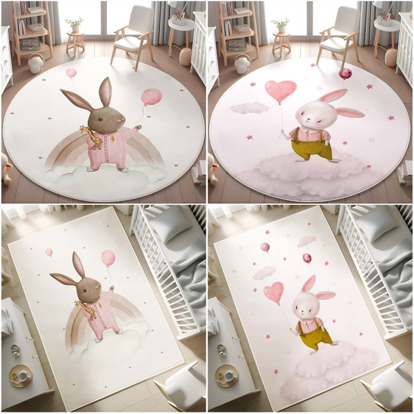 Cute Rabbit Rug,Bunny and Balloons Pink Kids  Rug,Kids bedroom Floor mat,Washable Round Nursery Rug,Non Slip Kids Rug,PILLOW CASE GIFT