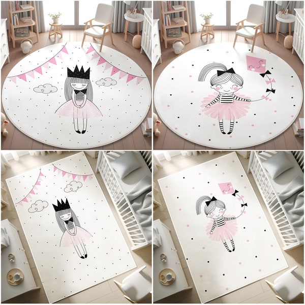 Joli tapis pour chambre de fille, cadeau pour toute petite fille, tapis de princesse, tapis antidérapant pour fille tenant un cerf-volant, tapis de salle de jeux pour bébé fille, tapis rond, taie d'oreiller en cadeau