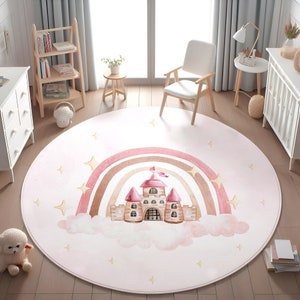 Regenbogen Kinderteppich, Schloss gemustert Runder Teppich, Waschbarer Weicher Teppich, Rutschfester Mädchenteppich, Kinderzimmerteppich, Baby Geschenk, KISSENBEZUG GESCHENK