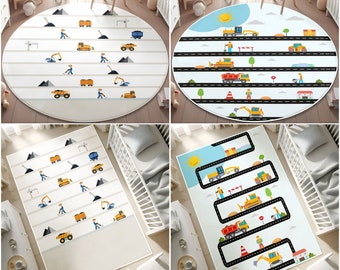 Construction Vehicles Themed Children&#39;s Rug,Model Car City,Playroom Rug,Kids City Traffic Rug,Train Round Rug,Boys Room Rug,PILLOW CASE GIFT