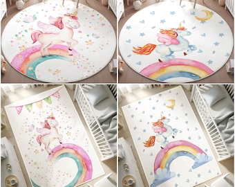 Alfombra de unicornio rosa para habitación de niños, alfombra para niños pequeños, alfombra para niños arco iris de unicornio, alfombra de área, alfombra redonda, alfombra para niñas, alfombra lavable para niños, REGALO DE CAJA DE ALMOHADA