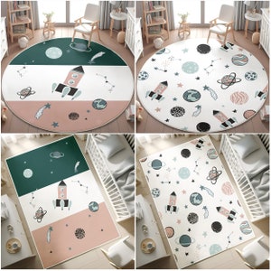 Boho Rocket  Themed Kids Rug,Planet Activity Rug,Soft Space Playmat for Kids Room,Galaxy Non Slip Activity Rug,Baby Rug,PILLOW CASE GIFT