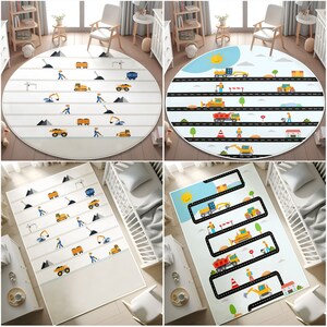 Tapis pour enfants sur le thème des véhicules de construction,Modèles réduits de voitures,Tapis pour salle de jeux,Tapis pour enfants sur le trafic urbain,Tapis rond pour train,Tapis pour chambre de garçons,TIE D'OREILLER