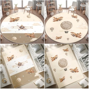 Kinderteppich mit Flugzeug-Thema, Spielzimmer, Babygeschenk, Rutschfester Teppich für Kleinkinder, Waschbarer Kinderteppich, Kinderteppich, KISSENBEZUG