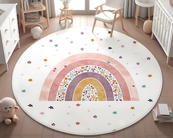 Floral Rainbow Kids Rug, Meisjes Rainbow Rug, Kids Rug, Wasbaar Rug, Toodler Rug, Kinderdagverblijf Rug, Rond Rug, Zacht Rug, Speelkleed, KUSSENSLOOP GIFT