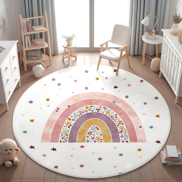 Floral Rainbow Kids Rug,Girls Rainbow Rug,Kids Rug,Washable Rug,Toodler Rug,Nursery Rug,Round Rug,Soft Rug,Play Mat,PILLOW CASE GIFT