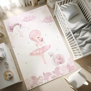 Ballerina-Mädchen-Rosa-Kinderzimmer-Teppich, Mädchenzimmerdekor, handgemachte Teppiche, Schwanensee-Tanzteppich, rutschfeste Babydecke, KISSENBEZUG GESCHENK