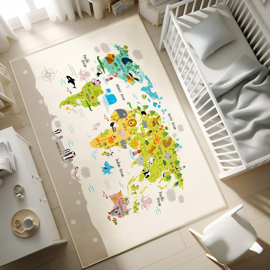 Animal Map, Anti Slip Kids Mat, Nursery Carpet, Cute Animal Rug, Baby ...